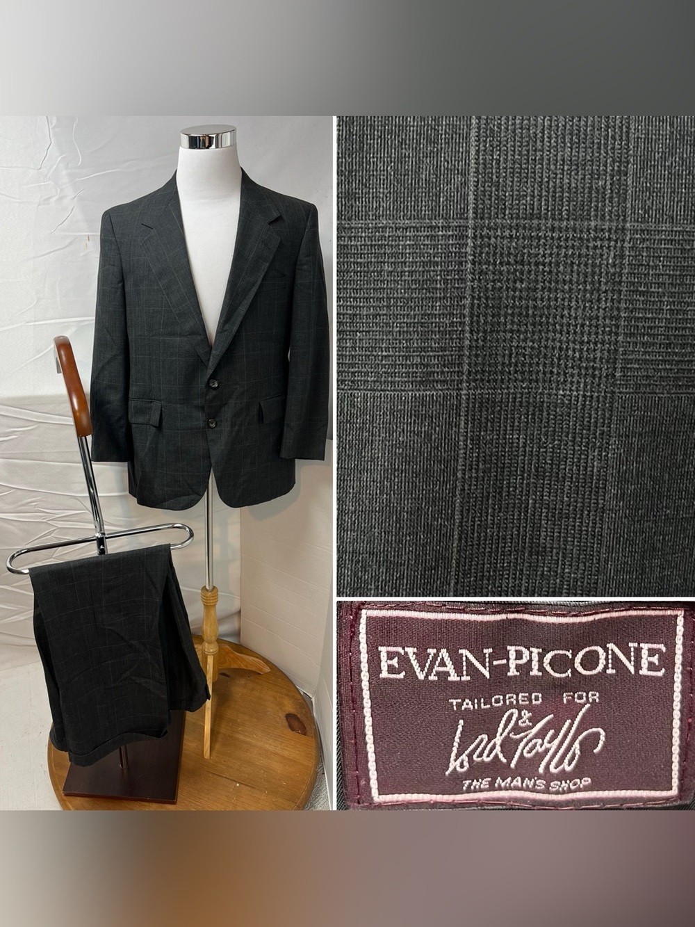 Evan Picone Men’s 42S Blazer 36X29 Pants Gray Glen Plaid Vintage Suit